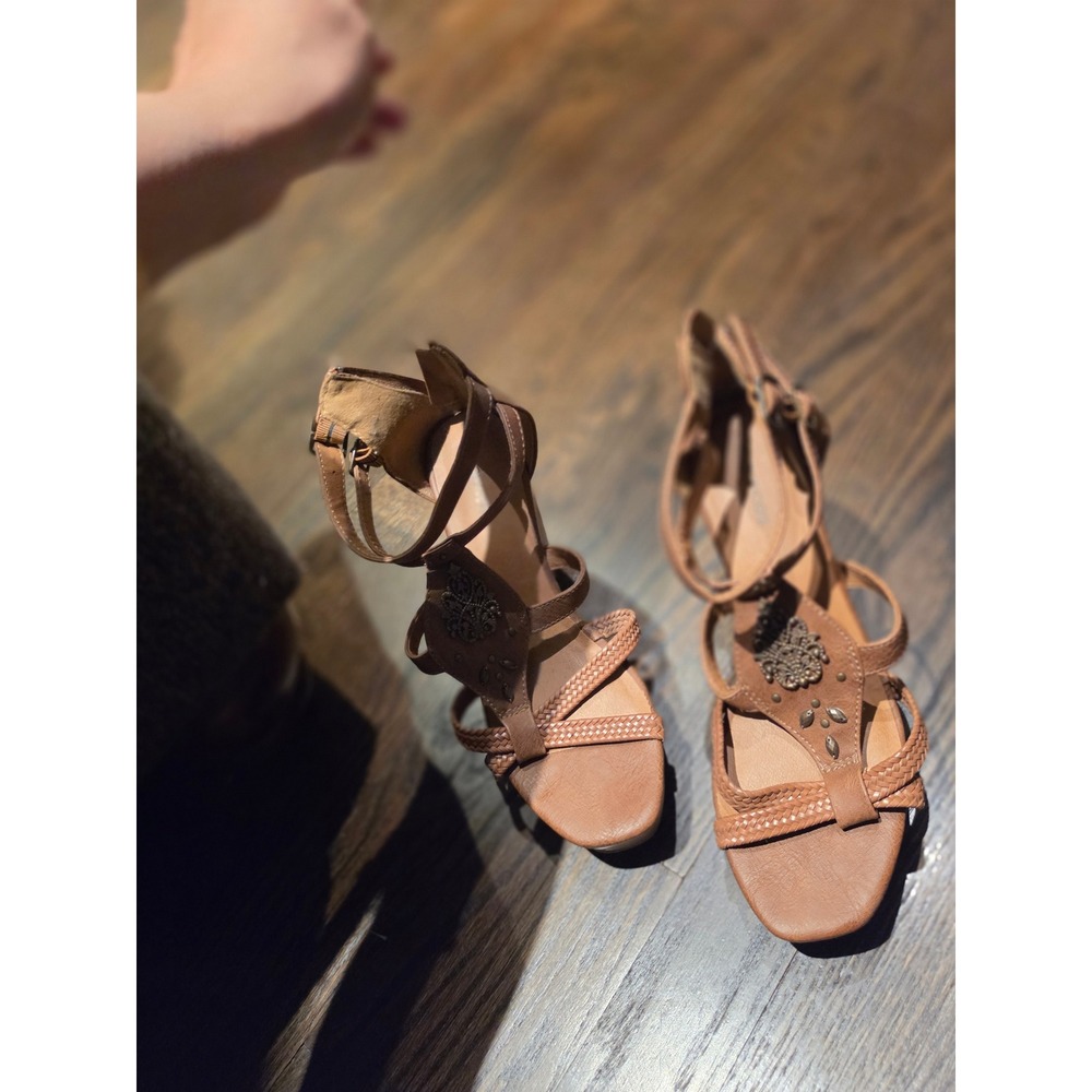 Heather Brown Strappy Cork Wedge Sandals Boho Medallion Platform Heels